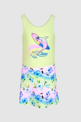 Girls One Piece Swimsuit - Yellow Dress Swimsuit with Cute Dolphin Print DR21027-6