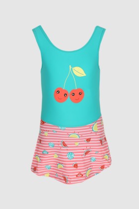 One Piece Skirted Swimsuit for Girls with Cherry Print DR22012-1